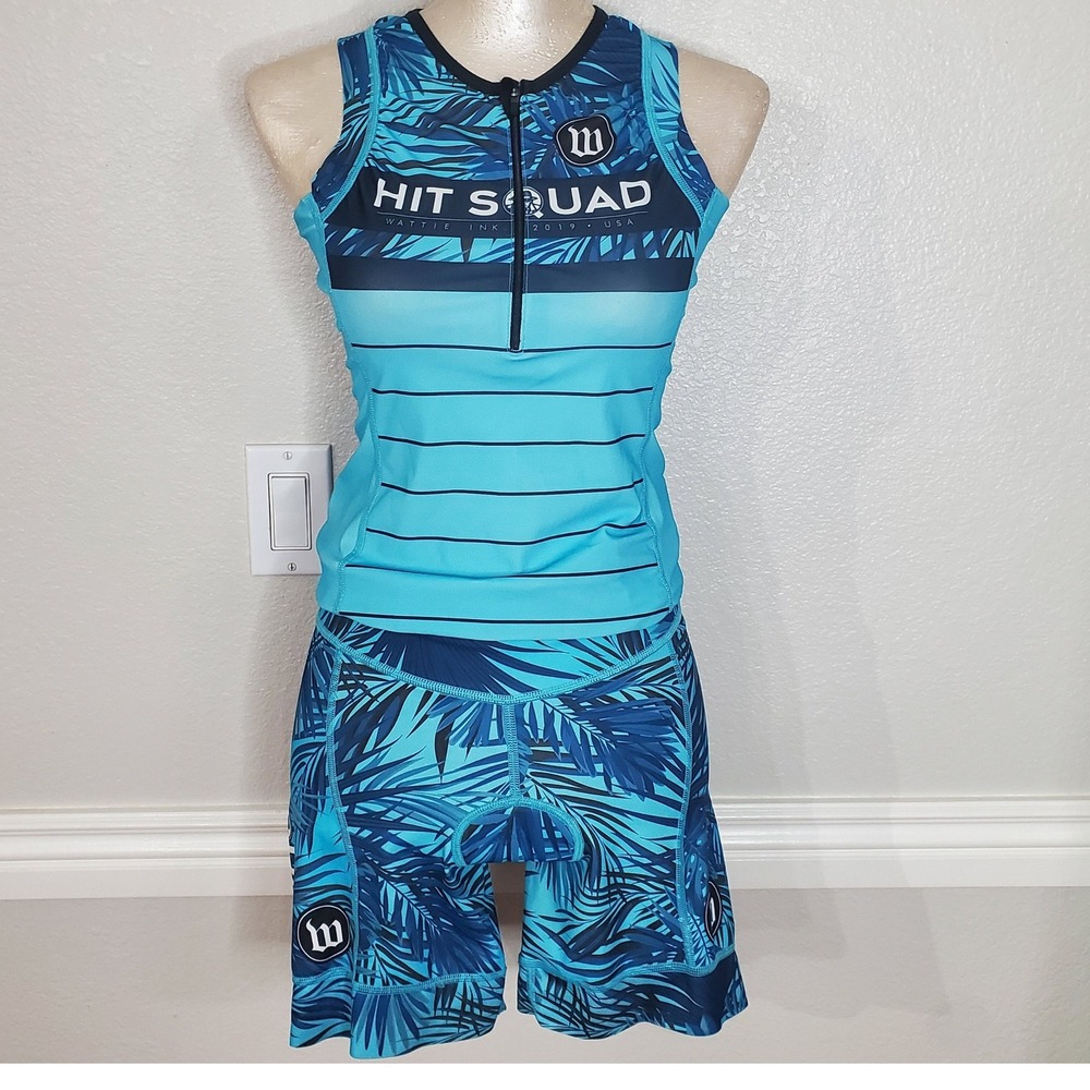 Wattie Ink Women Blue Tropical Floral Cycling Jersey and Padded Shorts Set M